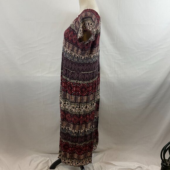 Soft Surroundings Smocked Dress 1X Maroon Cream Blue Mandala Print Short Sleeve - Picture 9 of 16